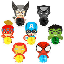 Load image into Gallery viewer, Ticiaga 7pcs Superhero Honeycomb Centerpieces, Table Topper for Birthday Party Decoration, Double Sided Cake Topper, Photo Booth Props, Superhero Party Supplies Mix of Captain, Spider Man, Thor, Iron