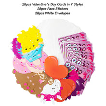 Load image into Gallery viewer, Yopyame 84pcs Valentine's Day Cards for Kids Valentines Cards Set, 7 Different Designs Greeting Cards with 28pcs Make a Face Stickers and Envelopes, Kids Valentines Day Exchange Cards