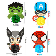 Load image into Gallery viewer, Ticiaga 7pcs Superhero Honeycomb Centerpieces, Table Topper for Birthday Party Decoration, Double Sided Cake Topper, Photo Booth Props, Superhero Party Supplies Mix of Captain, Spider Man, Thor, Iron