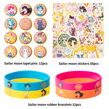 Load image into Gallery viewer, Wristband Kit 74p Pretty Guardian Themed Party Supplies Birthday Party Decoration with 12 Rubber Bracelets, 12 Lapel Pins, 50 Stickers, Anime Sticker for Water Bottle and Phone, Gifts for Girls