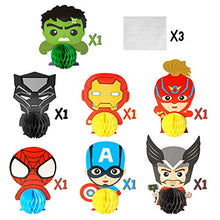 Load image into Gallery viewer, Ticiaga 7pcs Superhero Honeycomb Centerpieces, Table Topper for Birthday Party Decoration, Double Sided Cake Topper, Photo Booth Props, Superhero Party Supplies Mix of Captain, Spider Man, Thor, Iron