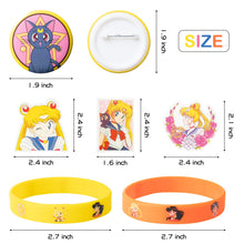 Load image into Gallery viewer, Wristband Kit 74p Pretty Guardian Themed Party Supplies Birthday Party Decoration with 12 Rubber Bracelets, 12 Lapel Pins, 50 Stickers, Anime Sticker for Water Bottle and Phone, Gifts for Girls