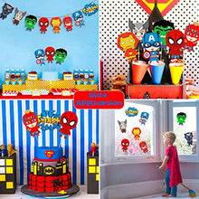 Load image into Gallery viewer, TICIAGA 48pcs Superhero Action Sign Cut-outs, Birthday Centerpiece Sticks for Tables, Iron Spiderman Party Garland Banner, Hero Cake Topper Sticks, Photo Booth Props, Superhero Theme Party Decoration