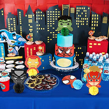 Load image into Gallery viewer, Ticiaga 7pcs Superhero Honeycomb Centerpieces, Table Topper for Birthday Party Decoration, Double Sided Cake Topper, Photo Booth Props, Superhero Party Supplies Mix of Captain, Spider Man, Thor, Iron