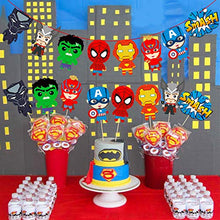 Load image into Gallery viewer, TICIAGA 48pcs Superhero Action Sign Cut-outs, Birthday Centerpiece Sticks for Tables, Iron Spiderman Party Garland Banner, Hero Cake Topper Sticks, Photo Booth Props, Superhero Theme Party Decoration