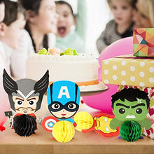 Load image into Gallery viewer, Ticiaga 7pcs Superhero Honeycomb Centerpieces, Table Topper for Birthday Party Decoration, Double Sided Cake Topper, Photo Booth Props, Superhero Party Supplies Mix of Captain, Spider Man, Thor, Iron