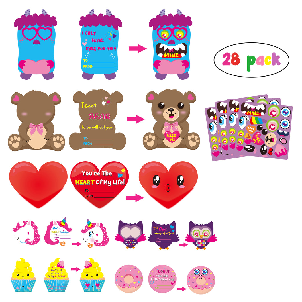 Yopyame 84pcs Valentine's Day Cards for Kids Valentines Cards Set, 7 Different Designs Greeting Cards with 28pcs Make a Face Stickers and Envelopes, Kids Valentines Day Exchange Cards