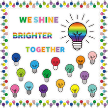 Load image into Gallery viewer, YINGENIVA Light Bulb Bulletin Board Cutouts We Shine Brighter Together Characters Light Bulb Pattern Study in Classroom Party  Home Decor
