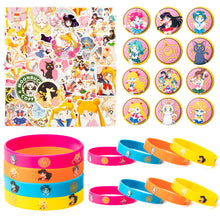 Load image into Gallery viewer, Wristband Kit 74p Pretty Guardian Themed Party Supplies Birthday Party Decoration with 12 Rubber Bracelets, 12 Lapel Pins, 50 Stickers, Anime Sticker for Water Bottle and Phone, Gifts for Girls
