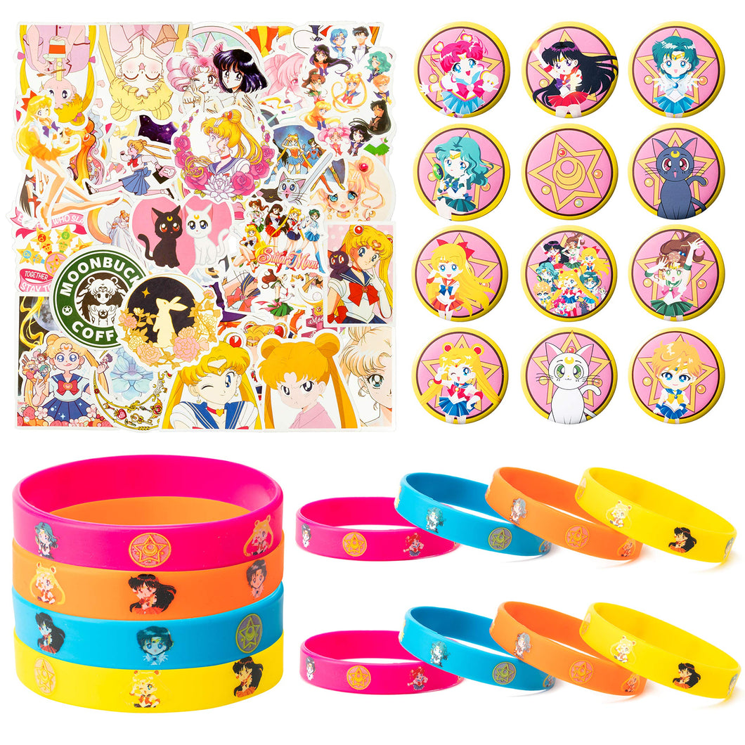 Wristband Kit 74p Pretty Guardian Themed Party Supplies Birthday Party Decoration with 12 Rubber Bracelets, 12 Lapel Pins, 50 Stickers, Anime Sticker for Water Bottle and Phone, Gifts for Girls