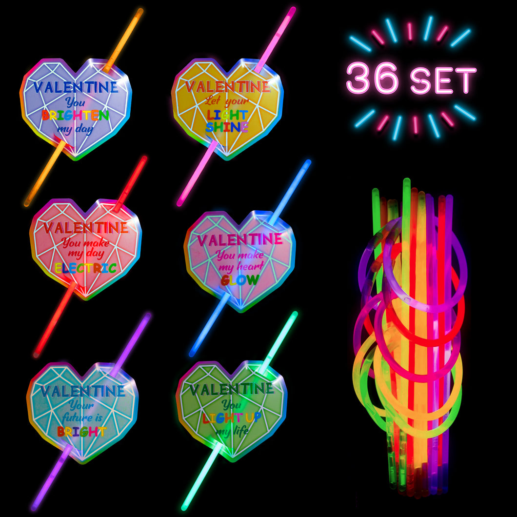 YINGENIVA 36 PCS Valentines Day Cards with 32 Glow Sticks, Valentines Day Heart Greeting Cards for Kids, Love cards, Light Sticks Party Pack, Valentine Classroom Exchange Cards, Valentines Party Favor