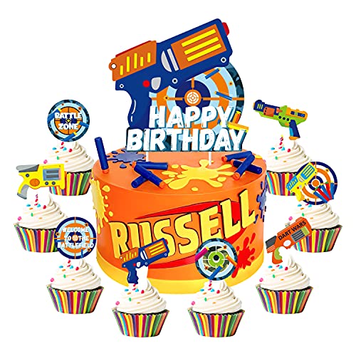 TICIAGA Dart War 49pcs Birthday Cake Toppers, Dart War Cupcake Topper Cake Picks for Boys, Dart Gun Happy Birthday Cake Topper Sign Banner, Blaster Battle Theme Cake Decoration Party Supplies for Kids