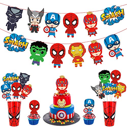 TICIAGA 48pcs Superhero Action Sign Cut-outs, Birthday Centerpiece Sticks for Tables, Iron Spiderman Party Garland Banner, Hero Cake Topper Sticks, Photo Booth Props, Superhero Theme Party Decoration