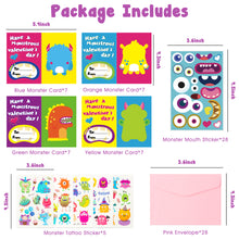 Load image into Gallery viewer, Yopyame 28PCS Valentine&#39;s Day Cards Monster Greeting Cards Set with Make a Face Stickers and Envelopes, DIY Monster Finger Puppet Pop-Out Bookmarks with 5pcs Monster Temporary Tattoo Bonus
