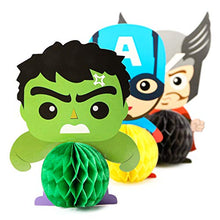 Load image into Gallery viewer, Ticiaga 7pcs Superhero Honeycomb Centerpieces, Table Topper for Birthday Party Decoration, Double Sided Cake Topper, Photo Booth Props, Superhero Party Supplies Mix of Captain, Spider Man, Thor, Iron
