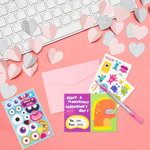 Load image into Gallery viewer, Yopyame 28PCS Valentine&#39;s Day Cards Monster Greeting Cards Set with Make a Face Stickers and Envelopes, DIY Monster Finger Puppet Pop-Out Bookmarks with 5pcs Monster Temporary Tattoo Bonus
